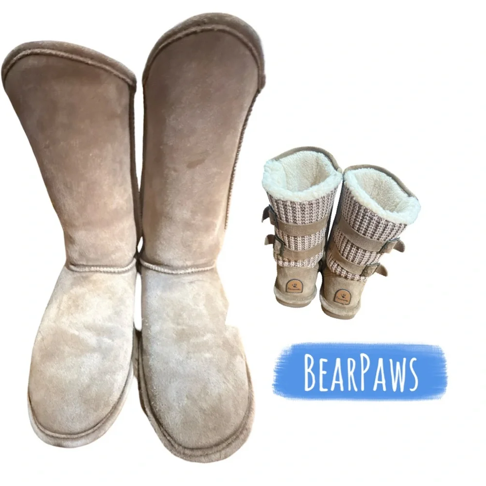 Bearpaw Boshie boots chestnut distressed suede knit back and buckle accents.